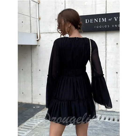 Black Boho Mini Dress Flounce Sleeves Deep V Neck - Picture 12 of 13